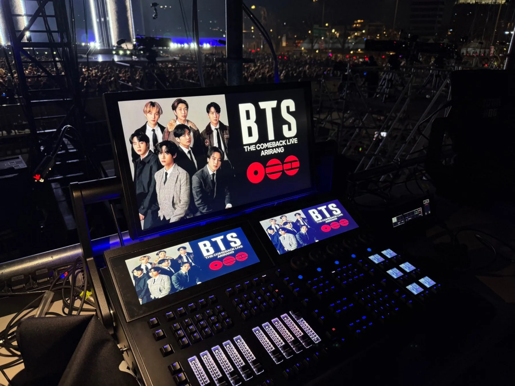 Hog Series 5 lighting console position for BTS THE COMEBACK LIVE | ARIRANG with the Seoul audience visible beyond